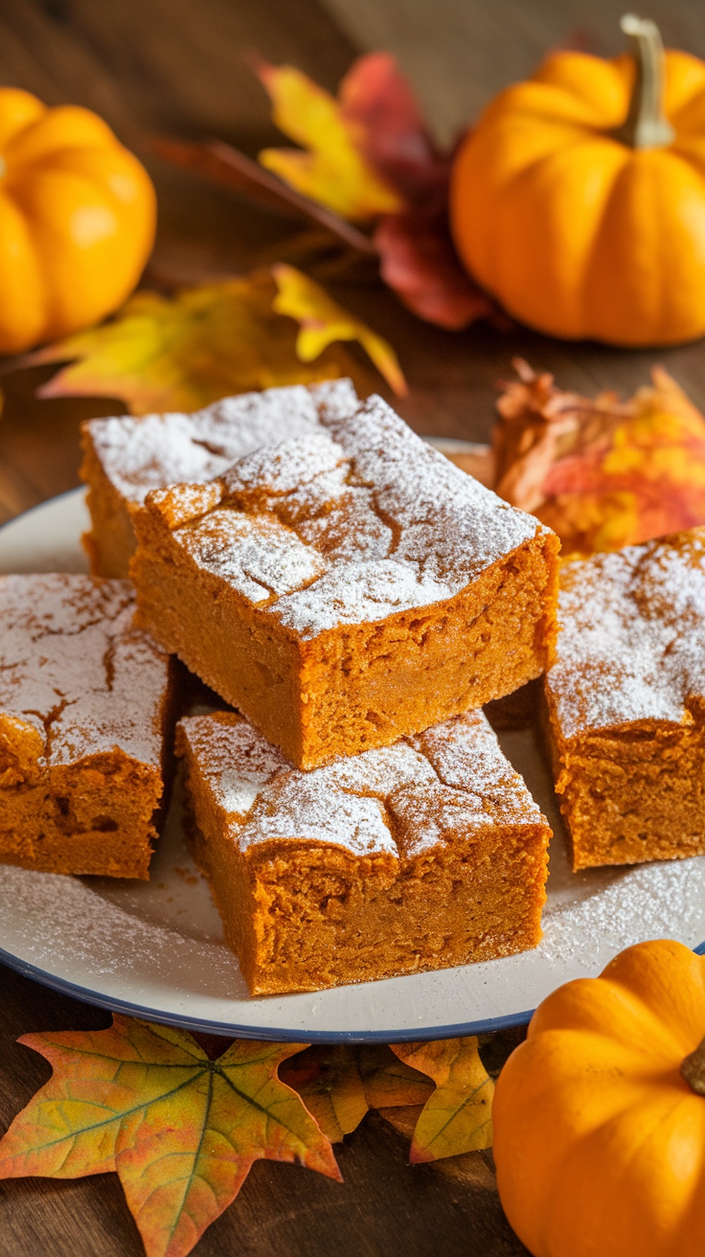 Gluten-Free Pumpkin Bars Recipe Delicious gluten-free pumpkin bars on a plate, garnished with powdered sugar and surrounded by autumn decorations.
